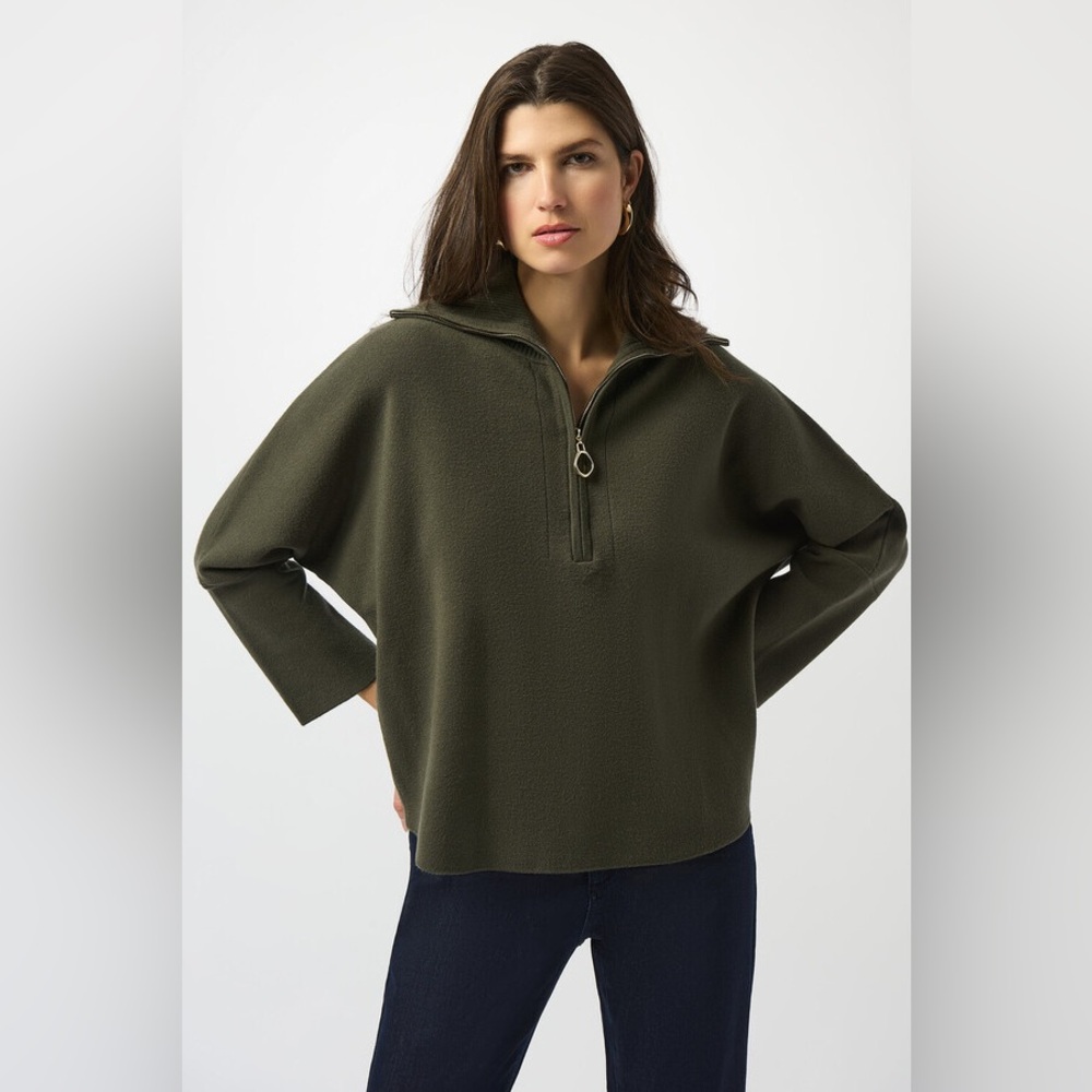 Joseph Ribkoff Green Cowl Neck Zipper Detail Short Sleeve Sweater
